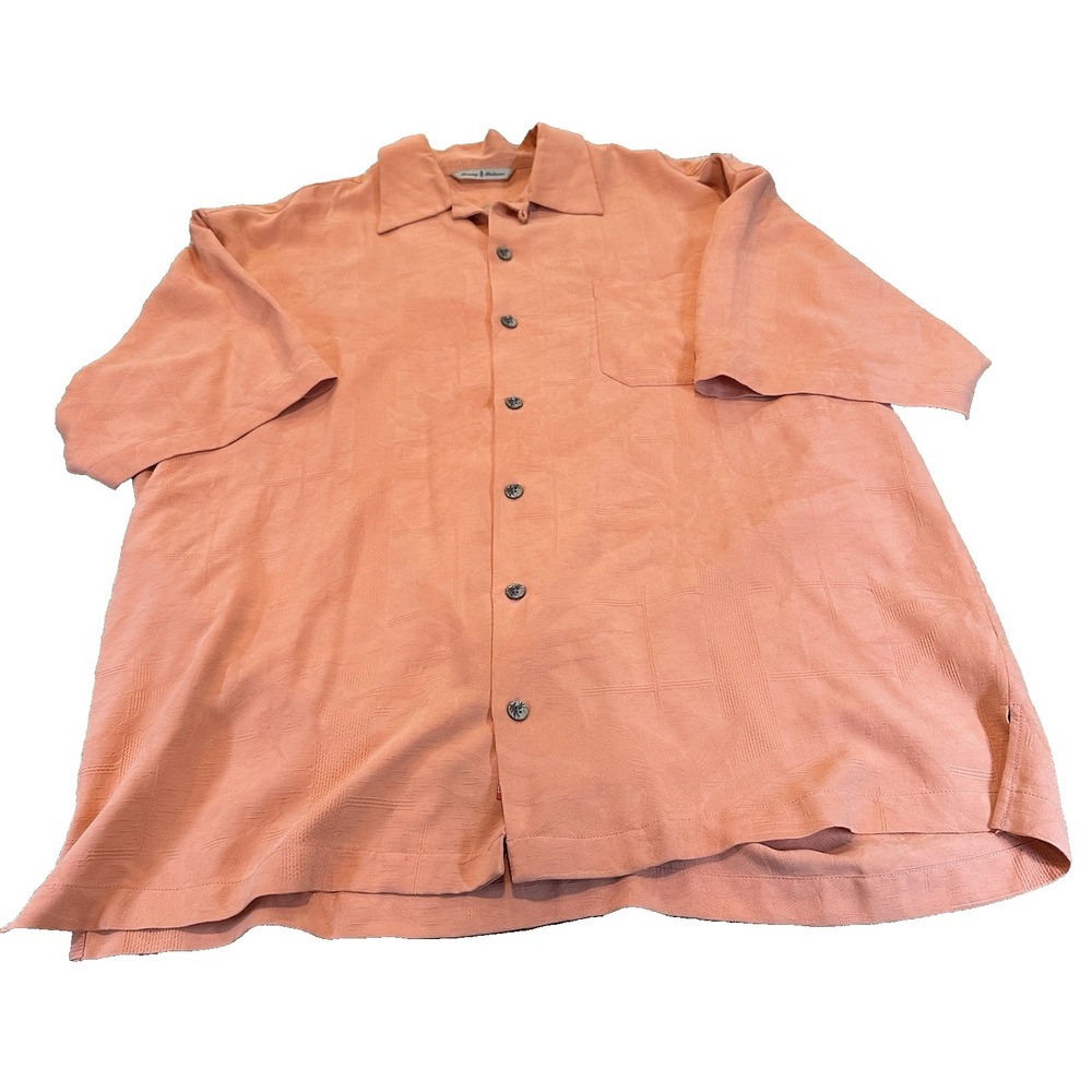 Tommy Bahama Hawaiian Shirt Mens Coral Peach 100% Silk Loop Collar Camp Size L